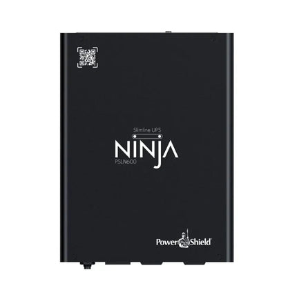 PowerShield Ninja Slimline 600VA 360W compact lithium iron phosphate UPS (PSLN600) front perspective view showing its ultra-thin enclosure.  