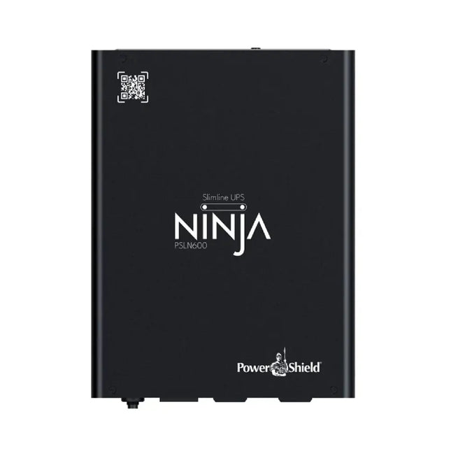 PowerShield Ninja Slimline 600VA 360W compact lithium iron phosphate UPS (PSLN600) front perspective view showing its ultra-thin enclosure.  