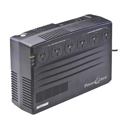 PowerShield SafeGuard 750VA 450W powerboard-style UPS (PSG750) top-down view showing the compact layout and power switch.