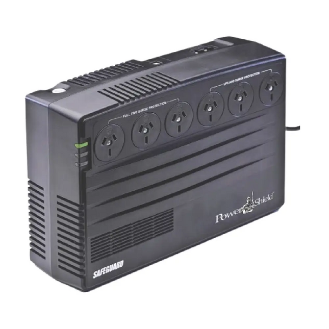 PowerShield SafeGuard 750VA 450W powerboard-style UPS (PSG750) top-down view showing the compact layout and power switch.