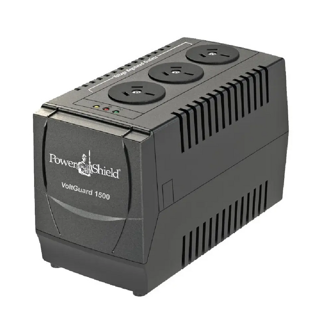 PowerShield VoltGuard 1500VA 750W Automatic Voltage Regulator (PSVG1500) front view highlighting the compact desktop tower enclosure.