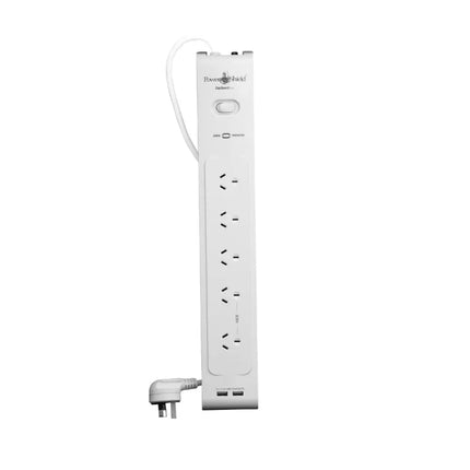 PowerShield ZapGuard 5-outlet surge protector power board in white, featuring wide-spaced sockets and two integrated USB charging ports.