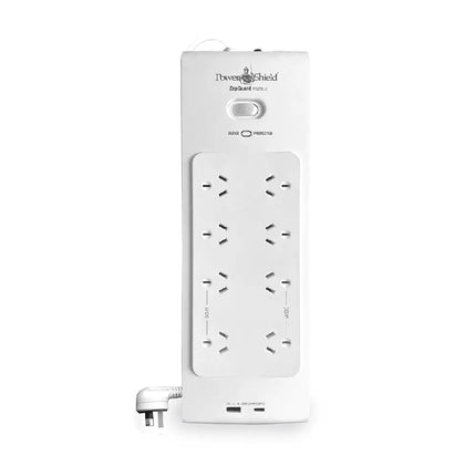 PowerShield ZapGuard 8-outlet surge protector power board in black, featuring wide-spaced sockets and integrated USB-A and USB-C charging ports.