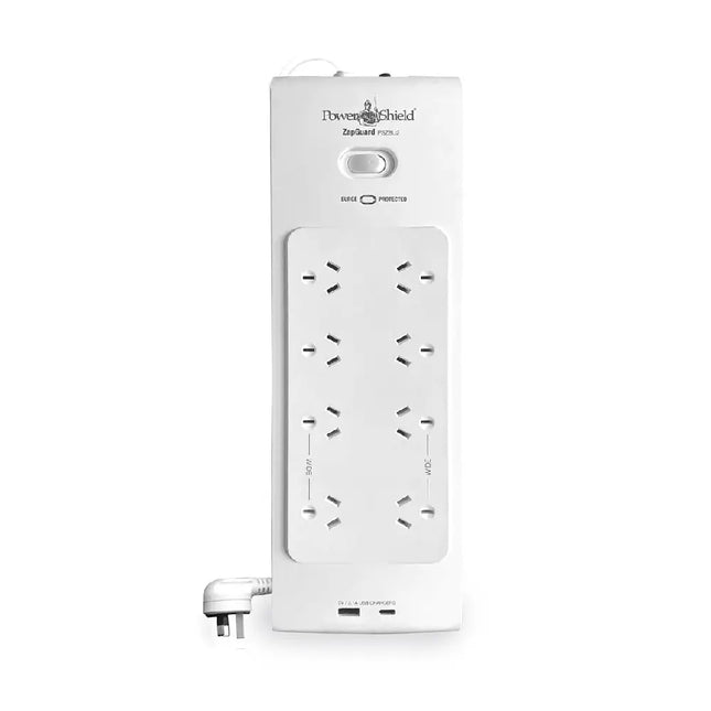 PowerShield ZapGuard 8-outlet surge protector power board in black, featuring wide-spaced sockets and integrated USB-A and USB-C charging ports.
