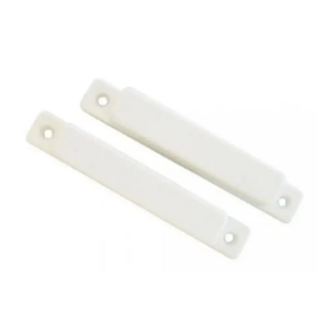 White plastic surface-mount magnetic reed switch with a 50mm wide detection gap and a normally closed (NC) dry output contact for hardwired security alarm systems.