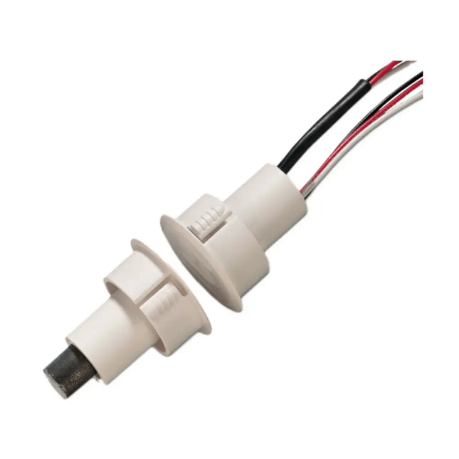 Sentrol 1078C-N white plastic recessed reed switch with ribbed sides for security system installation on steel doors.