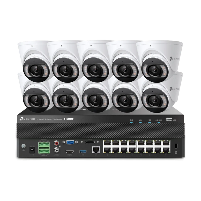 TP-Link VIGI 10 × 8MP 4K Full-Colour Turret Cameras + 16CH PoE+ NVR CCTV Kit