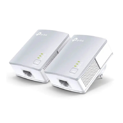 TP-Link AV600 Powerline Adapter Starter Kit with two white mini adapters plugged into a wall outlet, connected via Ethernet cables.