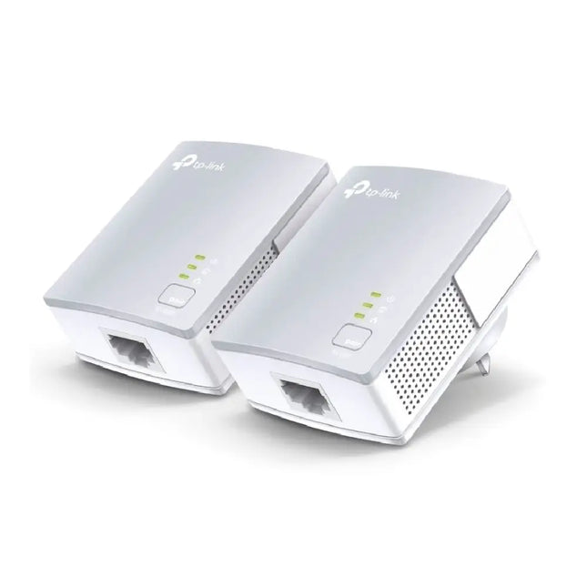 TP-Link AV600 Powerline Adapter Starter Kit with two white mini adapters plugged into a wall outlet, connected via Ethernet cables.