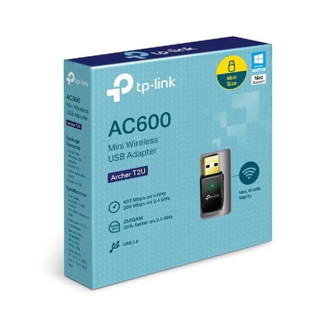 Sleek black TP-Link Archer T2U AC600 mini USB wireless network card for laptops and desktops