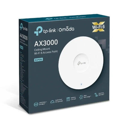 Low-profile TP-Link EAP650 ceiling access point installed neatly on an office ceiling for seamless business roaming.