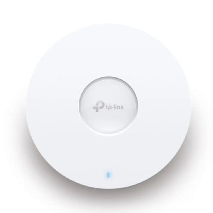 TP-Link EAP650 AX3000 ceiling mount Wi-Fi 6 access point showing its ultra-slim white circular design for enterprise networks.