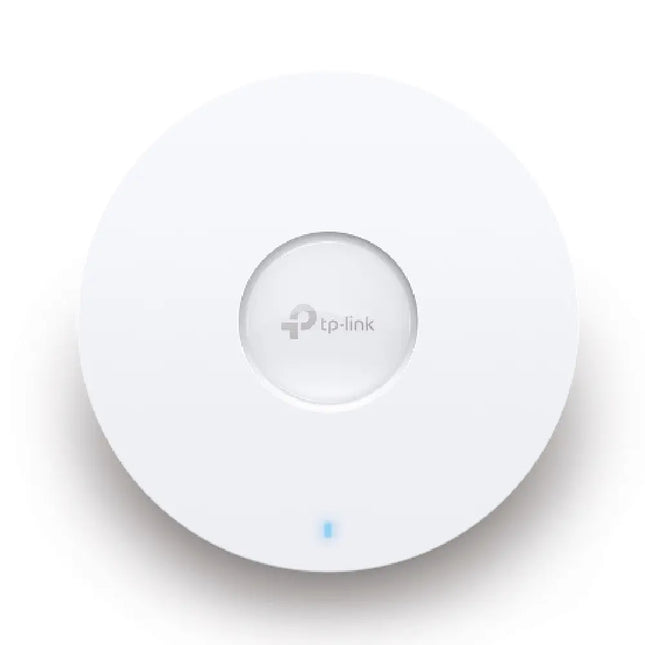 TP-Link EAP650 AX3000 ceiling mount Wi-Fi 6 access point showing its ultra-slim white circular design for enterprise networks.