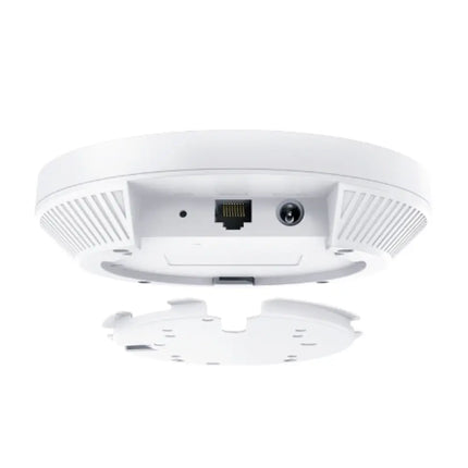Close-up of the TP-Link EAP650 wireless access point highlighting dual-band Wi-Fi 6 connectivity and centralized cloud management.