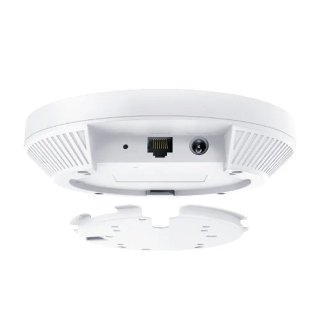 Close-up of the TP-Link EAP650 wireless access point highlighting dual-band Wi-Fi 6 connectivity and centralized cloud management.