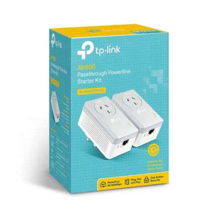 Front view of the TP-Link TL-PA4010PKIT powerline adapter highlighting the built-in AC pass-through outlet and status LED lights.