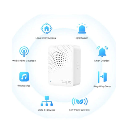 Front view of the white TP-Link Tapo H100 smart hub plugged directly into a wall outlet, showing its compact design.