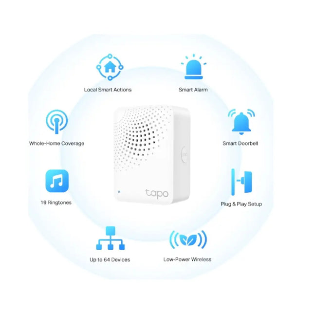Front view of the white TP-Link Tapo H100 smart hub plugged directly into a wall outlet, showing its compact design.