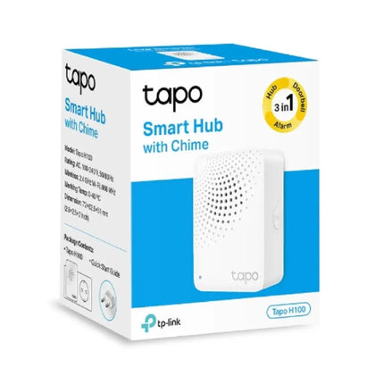 TP-Link Tapo H100 wireless smart IoT hub and security chime isolated on a white background for e-commerce catalog.