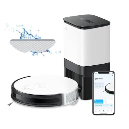 TP-Link Tapo RV10 Plus robot vacuum and mop docked in its white smart auto-empty station against a clean home background.