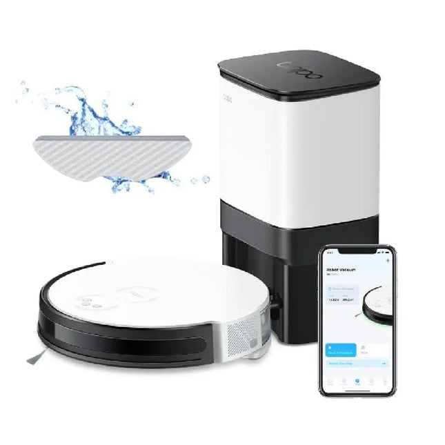 TP-Link Tapo RV10 Plus robot vacuum and mop docked in its white smart auto-empty station against a clean home background.