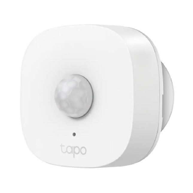 Front view of the white, square TP-Link Tapo T100 smart motion sensor showing its compact housing, designed for wide-range 120-degree motion detection up to 7 meters.