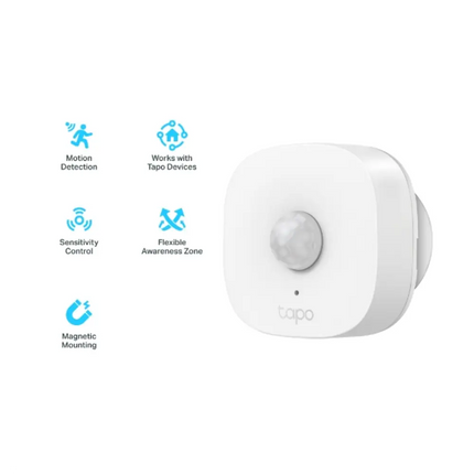 A minimalist TP-Link Tapo T100 smart home motion sensor featuring 3-level adjustable sensitivity and versatile magnetic or 3M adhesive mounting options.