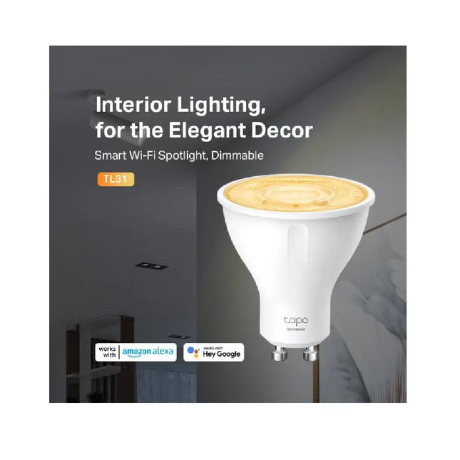 Energy-saving TP-Link Tapo TL31 dimmable smart LED spotlight emitting a warm 2700K glow, highlighting its 350-lumen brightness.