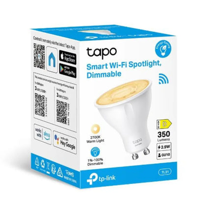 Close-up view of the compact TP-Link Tapo TL31 dimmable smart Wi-Fi light bulb.