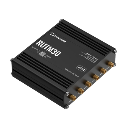 Teltonika RUTM30 5G router rear ports, dual Gigabit Ethernet and SMA antenna connectors