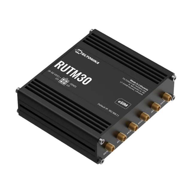 Teltonika RUTM30 5G router rear ports, dual Gigabit Ethernet and SMA antenna connectors
