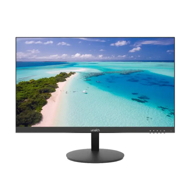 Front view of the black 22-inch Uniarch MT-22-V LED monitor displaying a clear CCTV security camera layout.