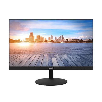 Front view of the black 24-inch Uniarch MT-24-V LED monitor designed for security camera systems, featuring a three-sided ultra-slim bezel display.