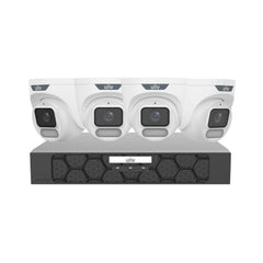 Uniview UNV 8MP OwlView CCTV Kit with 4 white ColorHunter full-colour turret cameras and 8-channel AI NVR — NDAA compliant