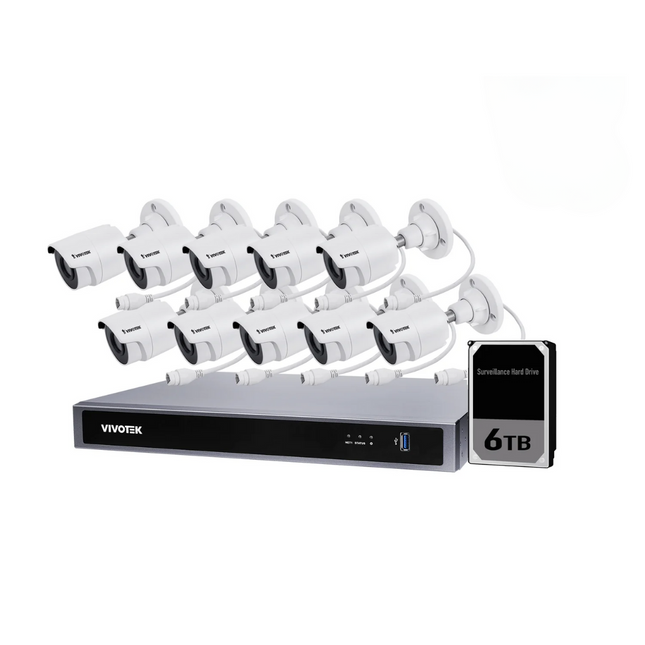 VIVOTEK 5MP + 16 Channel Kit: 10 x Fixed Bullet Cameras & NVR with 6TB, Kit-VIVO-5MP16106B