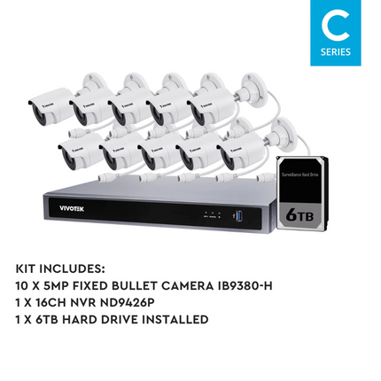 VIVOTEK 5MP + 16 Channel Kit: 10 x Fixed Bullet Cameras & NVR with 6TB, Kit-VIVO-5MP16106B