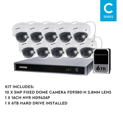 VIVOTEK 5MP + 16 Channel Kit: 10 x Fixed Dome Cameras & NVR with 6TB, Kit-VIVO-5MP16106D