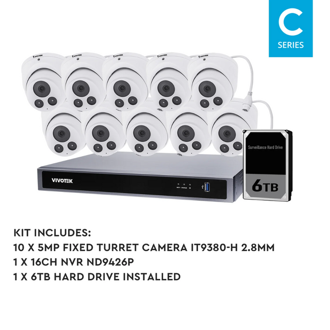 VIVOTEK 5MP + 16 Channel Kit: 10 x Fixed Turret Cameras & NVR with 6TB, Kit-VIVO-5MP16106T