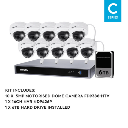 VIVOTEK 5MP + 16 Channel kit : 10 x Motorised Dome Cameras & NVR with 6TB, Kit-VIVO-5MP16106DM