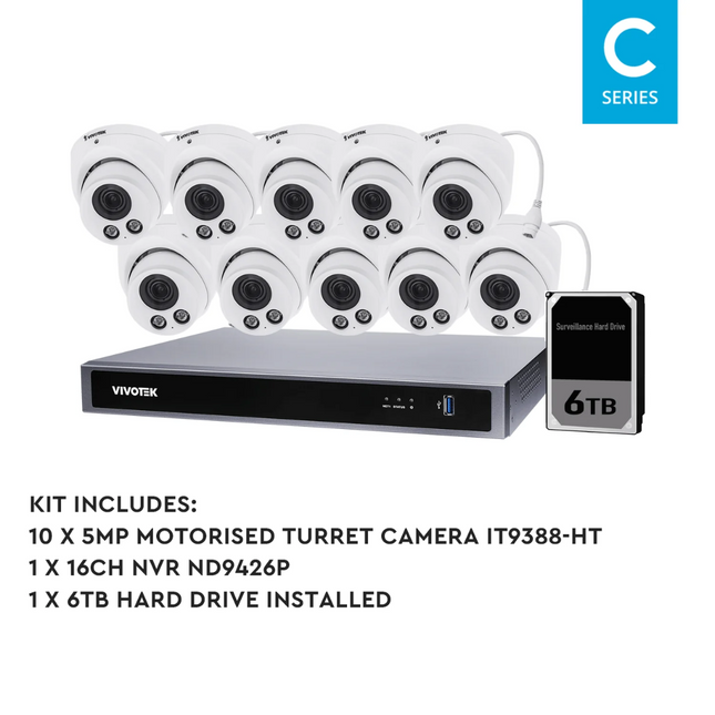 VIVOTEK 5MP + 16 Channel kit : 10 x Motorised Turret cameras & NVR with 6TB, Kit-VIVO-5MP16106TM