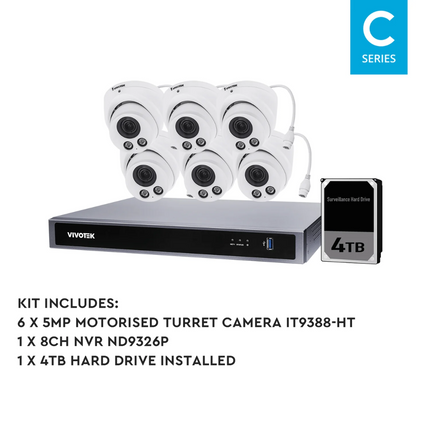 VIVOTEK 5MP + 8 Channel Kit : 6 x Motorised Turret Cameras & NVR with 4TB, Kit-VIVO-5MP8064TM