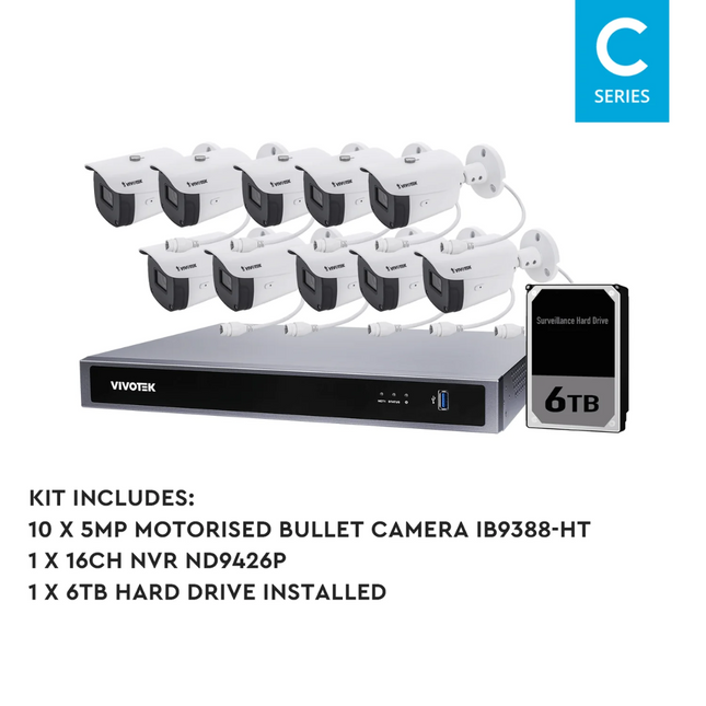 VIVOTEK 5MP + 16 Channel Kit: 10 x Motorised Bullet Cameras & NVR with 6TB, Kit-VIVO-5MP16106BM