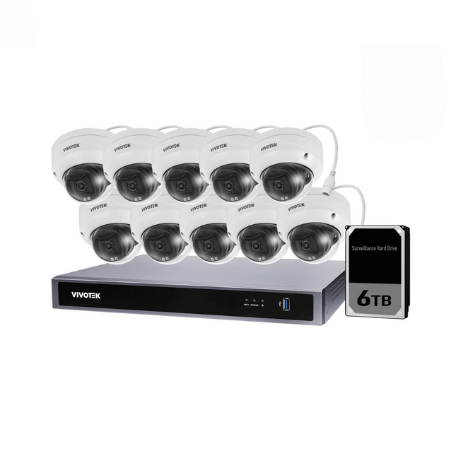 VIVOTEK AI 5MP + 16 Channel Kit : 10 x Fixed Dome Cameras & NVR with 6TB, Kit-VIVO-AI-5MP16106D