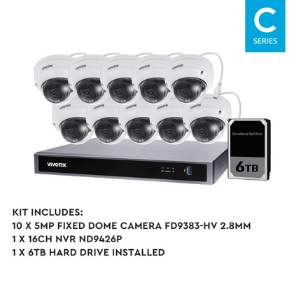 VIVOTEK AI 5MP + 16 Channel Kit : 10 x Fixed Dome Cameras & NVR with 6TB, Kit-VIVO-AI-5MP16106D