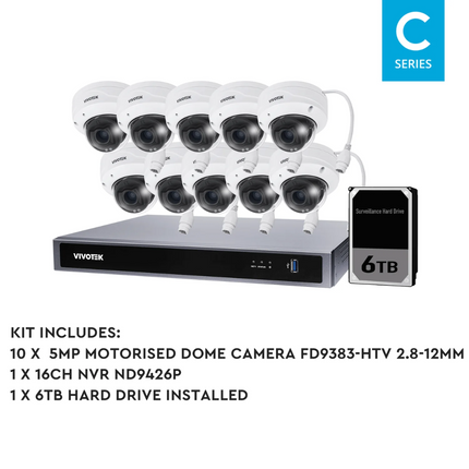 VIVOTEK AI 5MP + 16 Channel kit : 10 x Motorised Dome Cameras & NVR with 6TB,  Kit-VIVO-AI-5MP16106DM