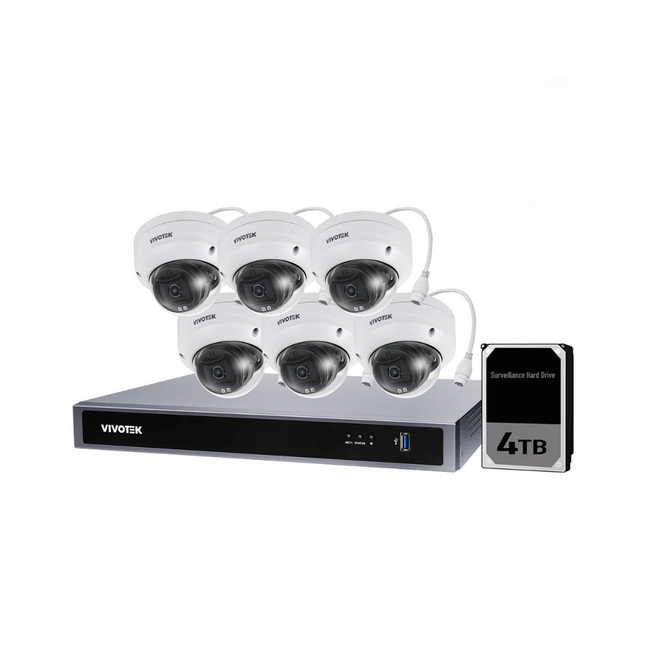 VIVOTEK AI 5 MP + 8 Channel Kit : 6 x Fixed Dome Cameras & NVR with 4TB, Kit-VIVO-AI-5MP8064D