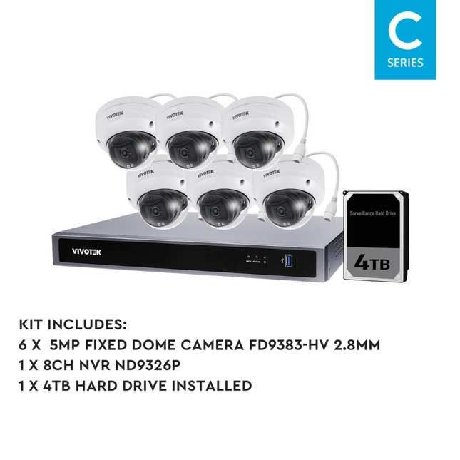 VIVOTEK AI 5 MP + 8 Channel Kit : 6 x Fixed Dome Cameras & NVR with 4TB, Kit-VIVO-AI-5MP8064D