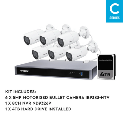 VIVOTEK AI 5MP + 8 Channel Kit : 6 x Motorised Bullet Cameras & NVR with 4TB, Kit-VIVO-AI-5MP8064BM