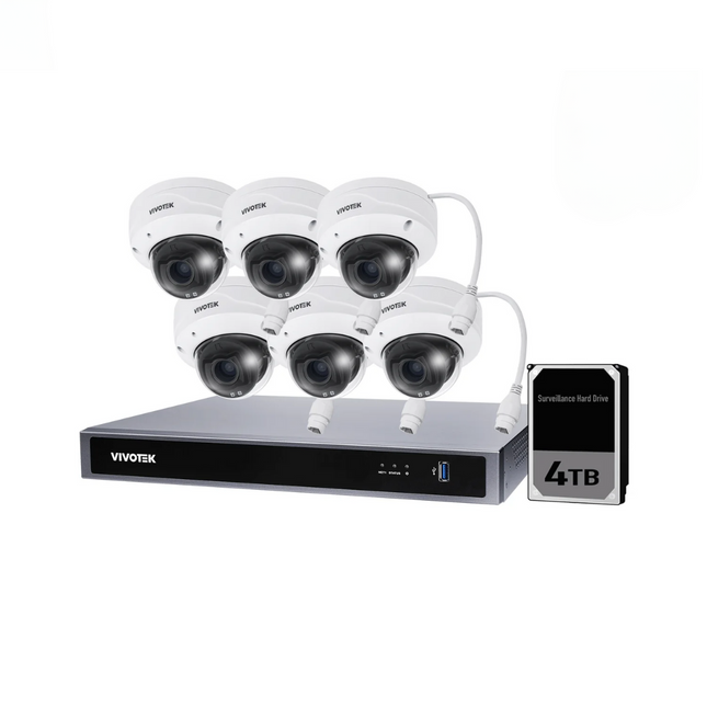 VIVOTEK AI 5MP + 8 Channel Kit : 6 x Motorised Dome Cameras & NVR with 4TB, Kit-VIVO-AI-5MP8064DM