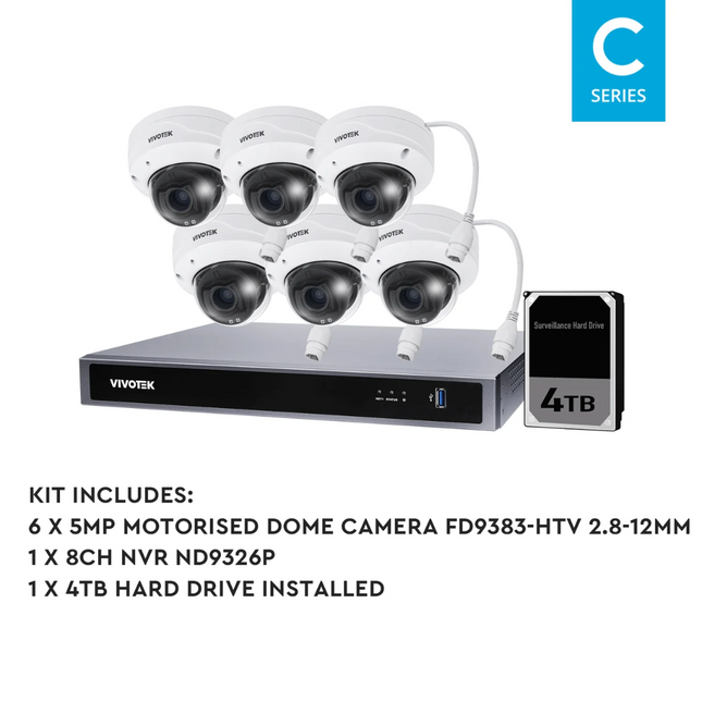 VIVOTEK AI 5MP + 8 Channel Kit : 6 x Motorised Dome Cameras & NVR with 4TB, Kit-VIVO-AI-5MP8064DM